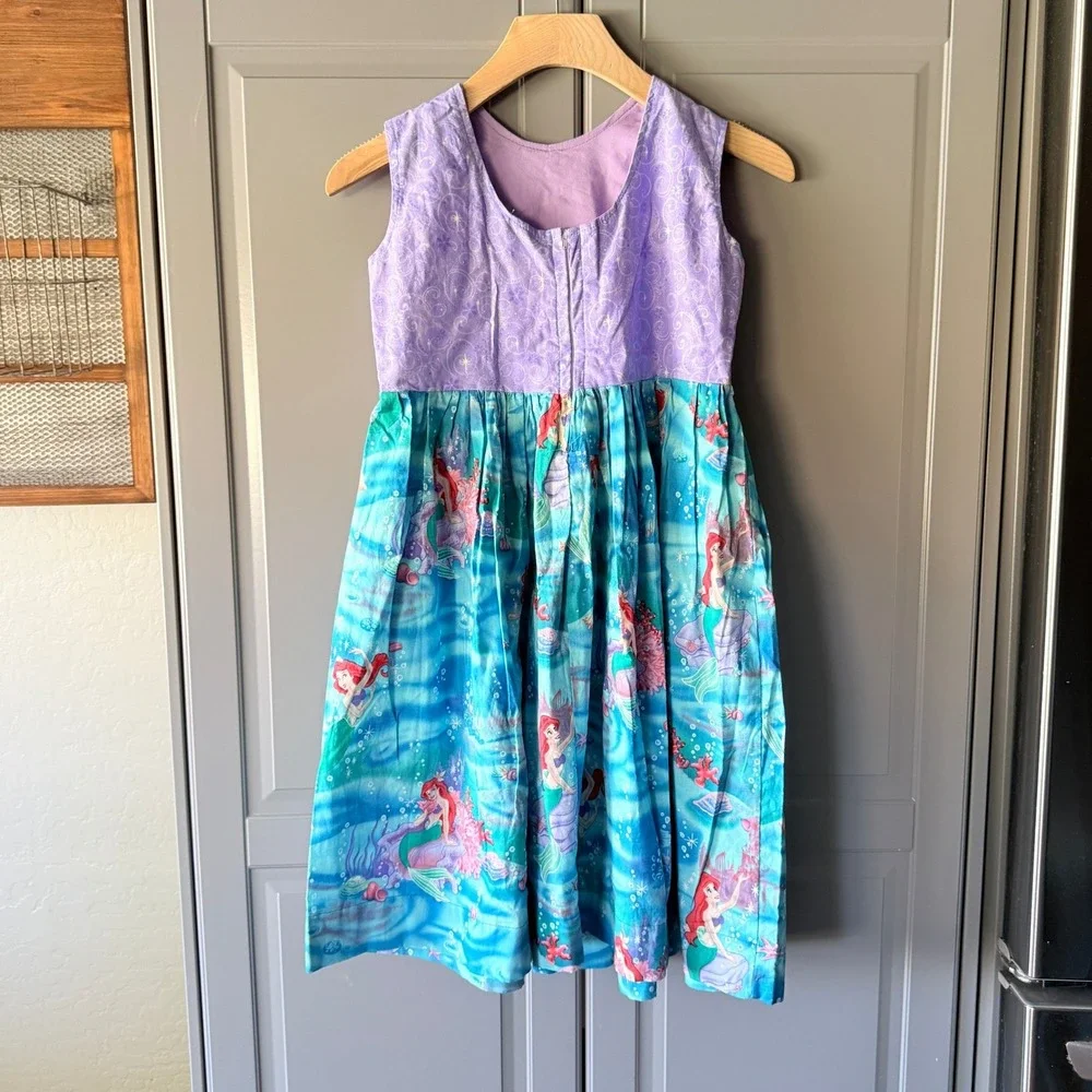Handmade Girls Embroidered Little Mermaid Ariel Sundress, Purple Turquoise, 8/10